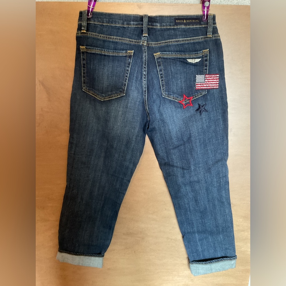 Rock & Republic Dark Blue Cropped Jeans with American Flag & Star Patches - Picture 1 of 5
